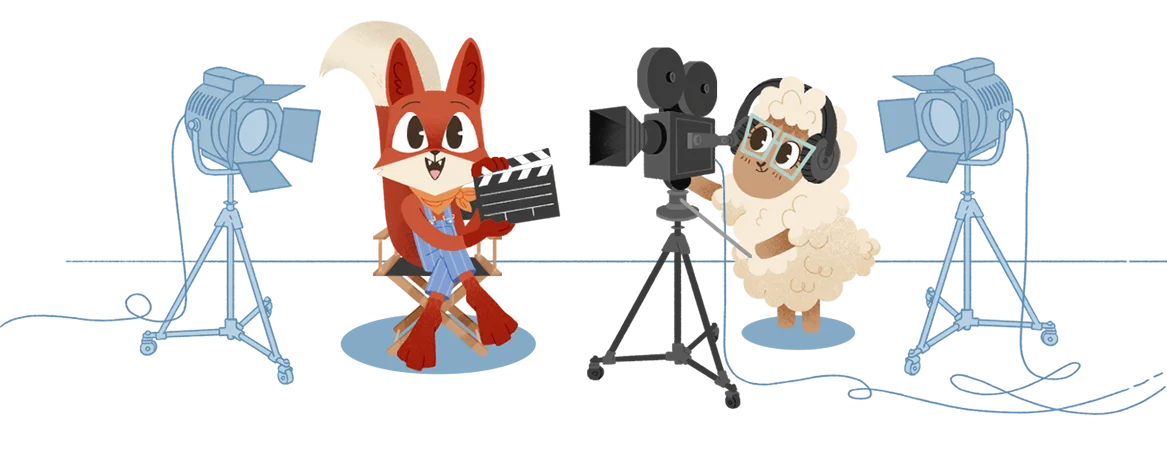 Fuchs und Schaf an einem Filmset mit Kameras und Klappe.