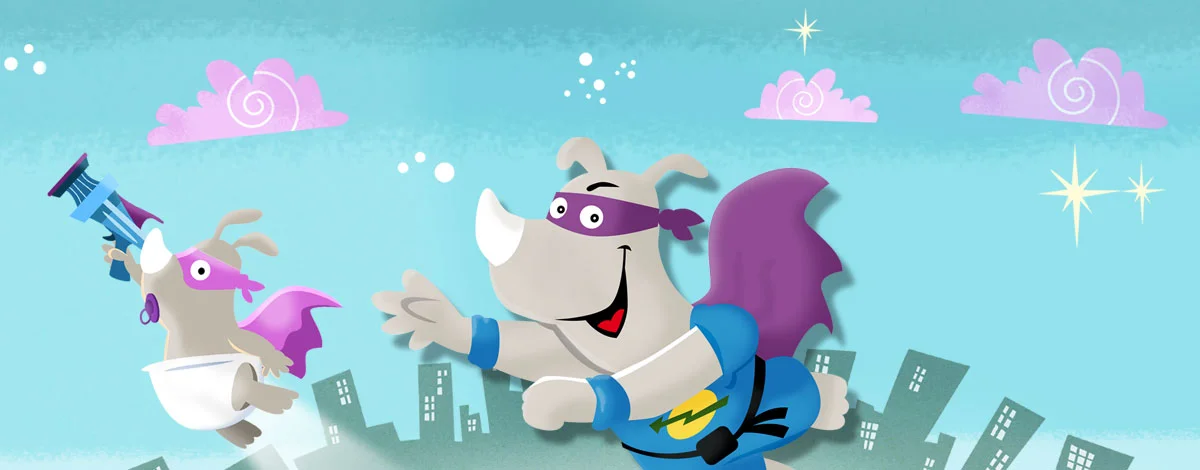 Rhino Hero und ein Einhorn fliegen über eine Stadt