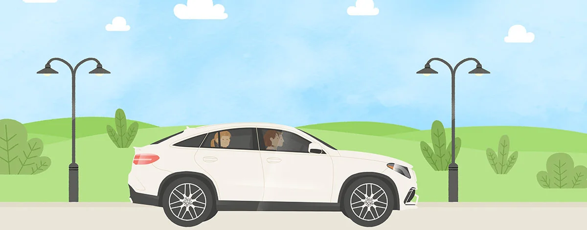 Illustrierte Mercedes-Benz Kinder-App mit einem weißen Auto
